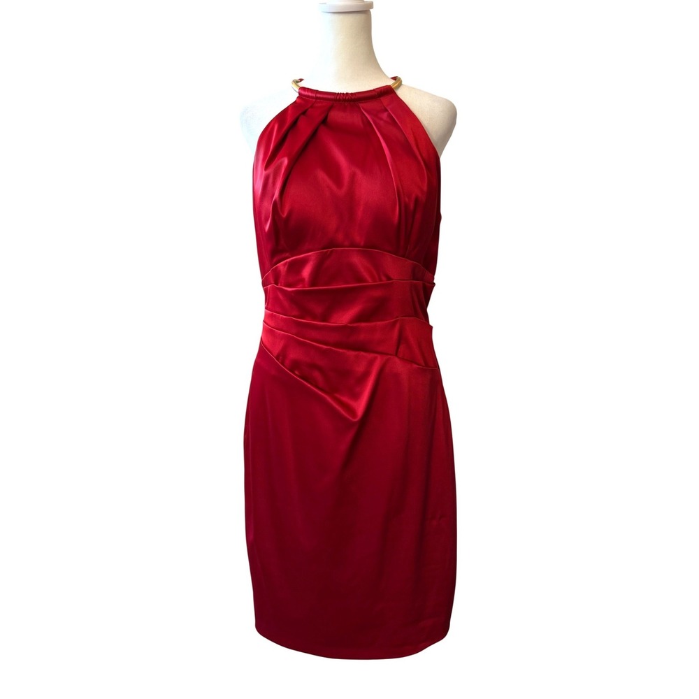 ELIZA J Red Satin Gold Chain Halter Cocktail Holiday Wedding Party Dress Sz 10